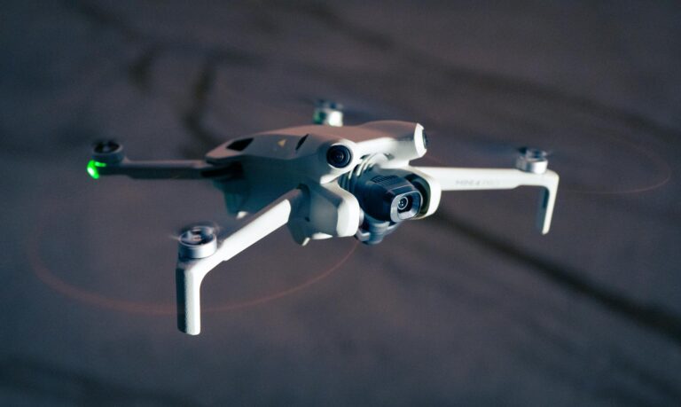 Detailed close-up of a modern drone in flight showcasing advanced technology.