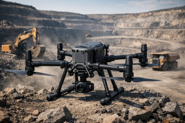 Surveying drone flying over open-pit mine for 3D mapping