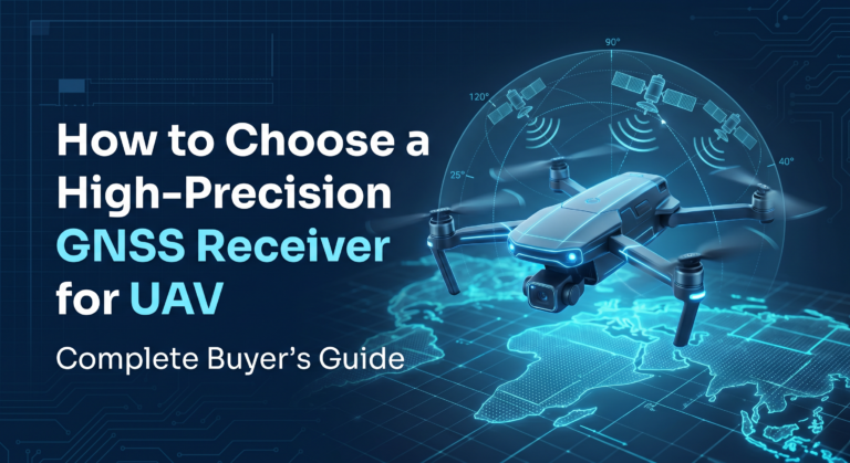 How to Choose a High-Precision GNSS Receiver for UAV" with subtitle "Complete Buyer's Guide