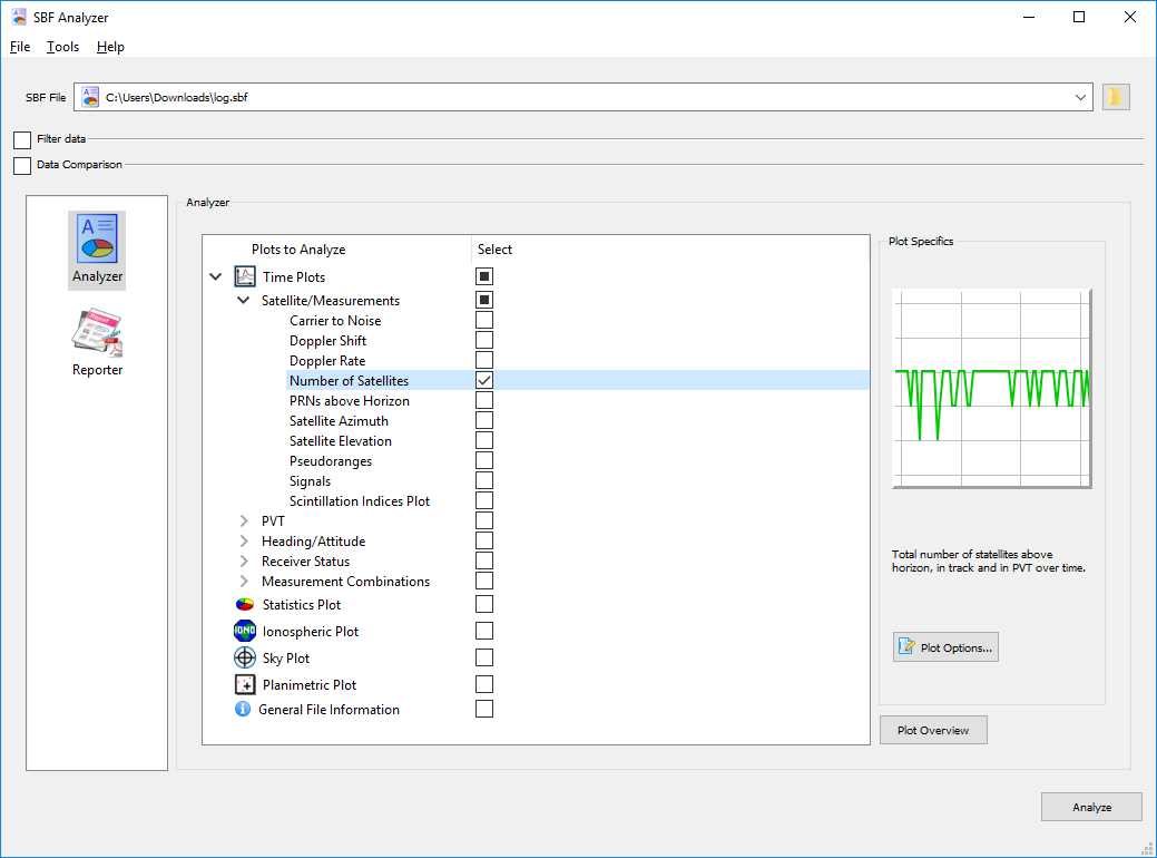 SBF Analyzer Number of Satellites analysis option showing Above Horizon, In Track and In PVT satellite counts