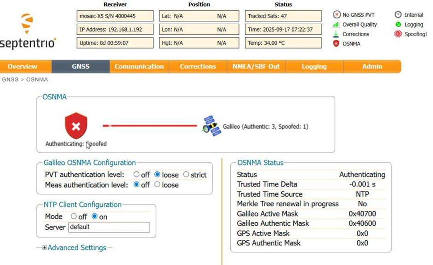 Galileo OSNMA web interface screenshot