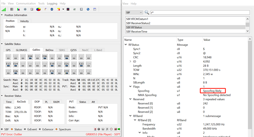 Septentrio receiver spoofing alert web UI