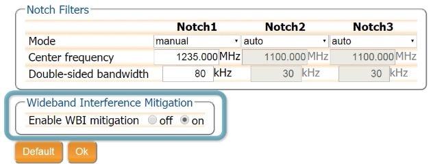 Notch filter settings (mode, centre frequency, double-sided bandwidth per filter) together with the Wideband Interference Mitigation switch.
