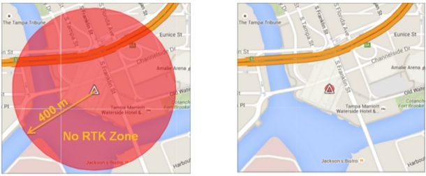 Jamming footprint: no RTK inside the affected area (left), and operation with mitigation enabled (right).